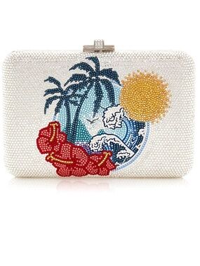 Judith Leiber White Crystal Tropical Clutch with Red, Blue and Gold Accents